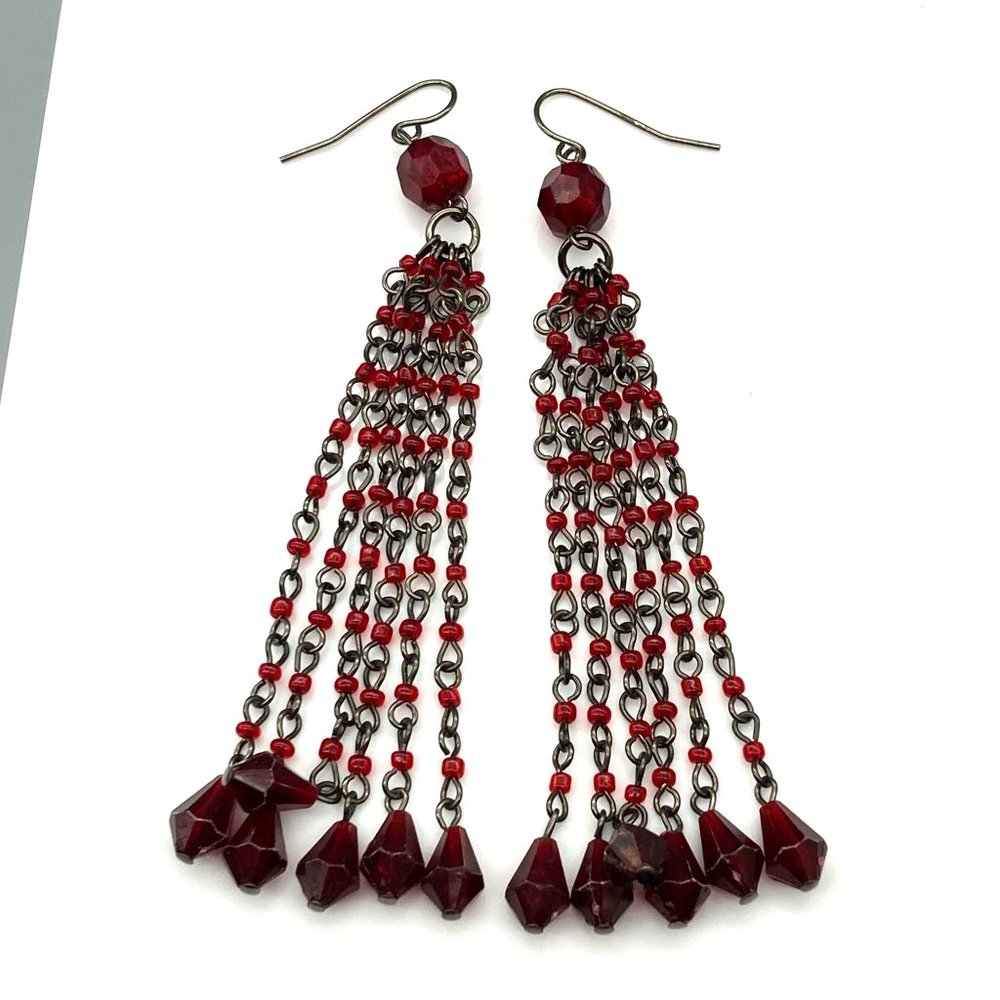 Vintage Black and Rich Red Shoulder Duster Earrings Gunmetal Gothic Dangle Chain